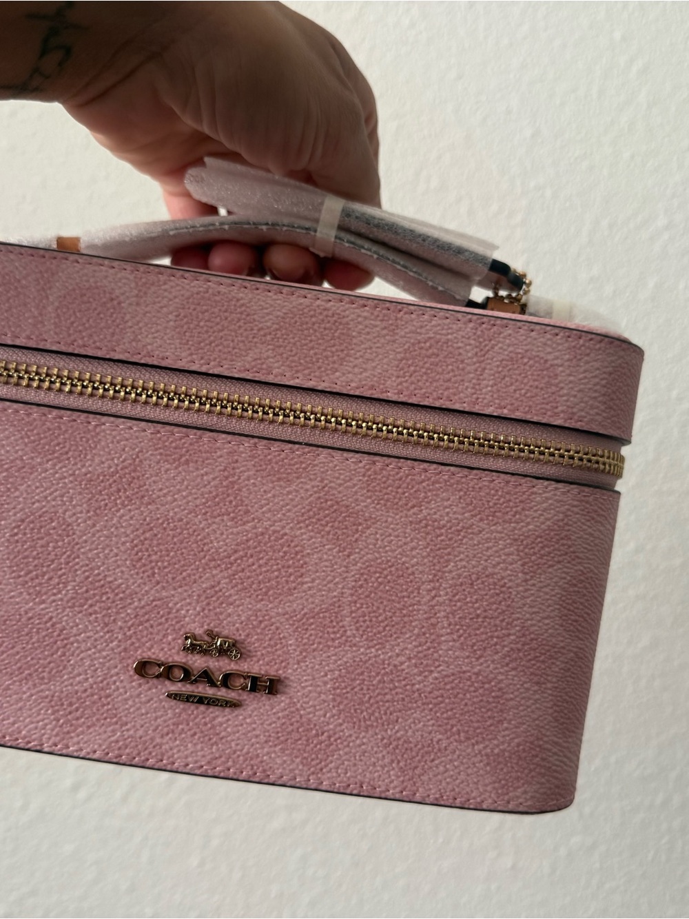 Coach Pink Leather Cosmetic Train Case with Gold Hardware